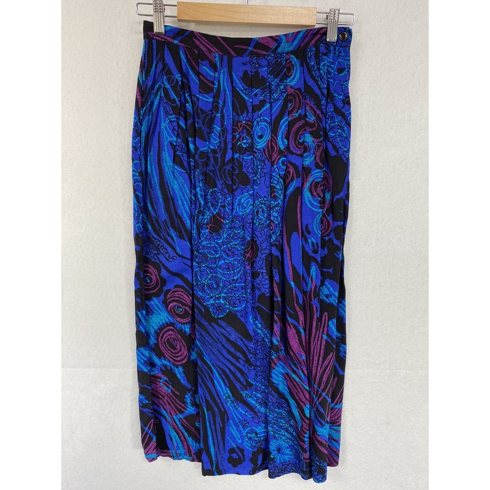 Worthington Women 10 Skirt Blue Black Paisley Pleated Midi Pockets Vintage USA